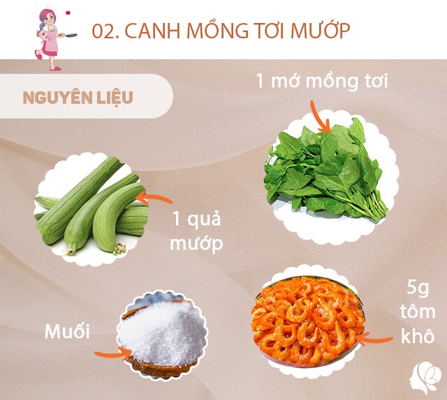 Chuẩn bị: 1 bó mồng tơi, 1 quả mướp cỡ trung bình, muối, dầu ăn, hành khô, 10g tôm khô.