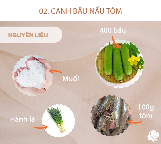 Nguyên liệu: - Bầu tươi: 1 quả (400g) - Tôm đồng: 100g - Hành hoa: 1 nhánh - Hành khô: 1 củ - Gia vị: Bột nêm, mì chính, súp, dầu ăn.