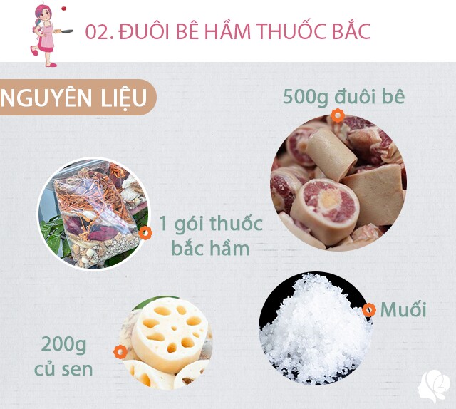 Chuẩn bị: 500 đuôi bê đã làm sạch và chặt khúc, 1 gói thuốc bắc để hầm, 1 mẩu gừng, bột canh, dầu ăn.