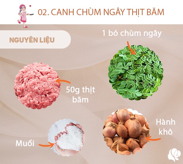 Chuẩn bị: 1 bó chùm ngây, 50g thịt băm, hành khô, muối, chút dầu ăn. 