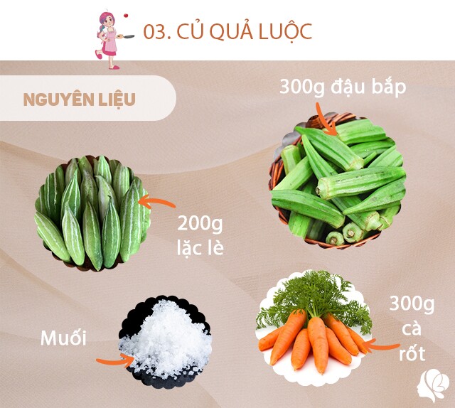 Chuẩn bị: 300g đậu bắp, muối, 200g lặc lè, 300g cà rốt, 200g lặc lè.