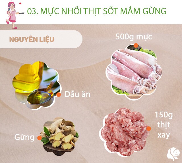 Chuẩn bị: 500g mực ống, 150g thịt xay, hành khô, hành lá, gừng, sá, ớt sừng, nước mắm, đường, dầu ăn.
