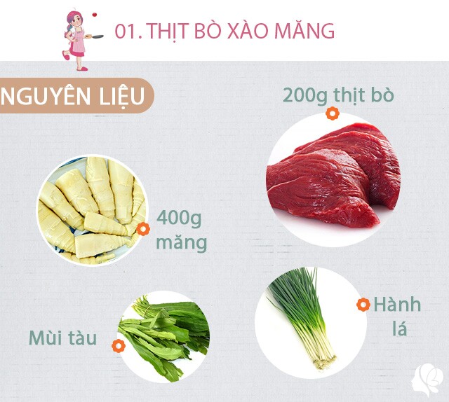 Chuẩn bị: 200g thịt bò, 400g măng, hành lá, hành khô, mùi tàu, dầu ăn, muối, tỏi, gừng.