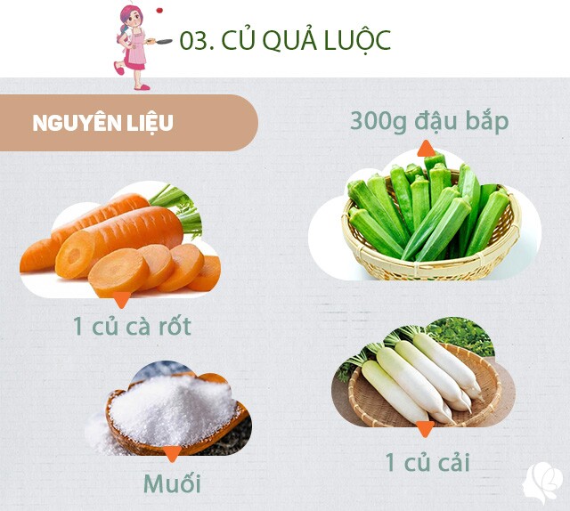 Chuẩn bị: 1 củ cà rốt, 300g đậu bắp, muối, 1 củ cải.