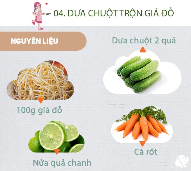 Chuẩn bị: 2 quả dưa chuột, 100g giá đỗ, vài quả cà chua bi, 1/2 quả cà rốt. Gia vị: mắm, đường, chanh, tỏi, ớt.