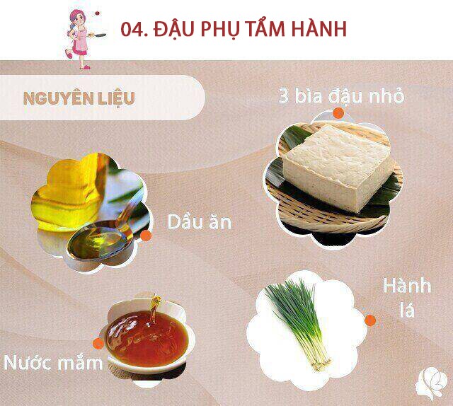 Chuẩn bị: 2 bìa đậu phụ to hoặc 3 bìa nhỏ, 1 thìa canh nước mắm, xíu đường, 2 nhánh hành lá.