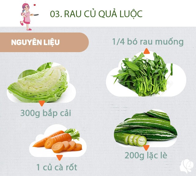 Chuẩn bị: 1/4 bó rau muống, 1 củ cà rốt, 200g lặc lè, 300g bắp cải, muối.
