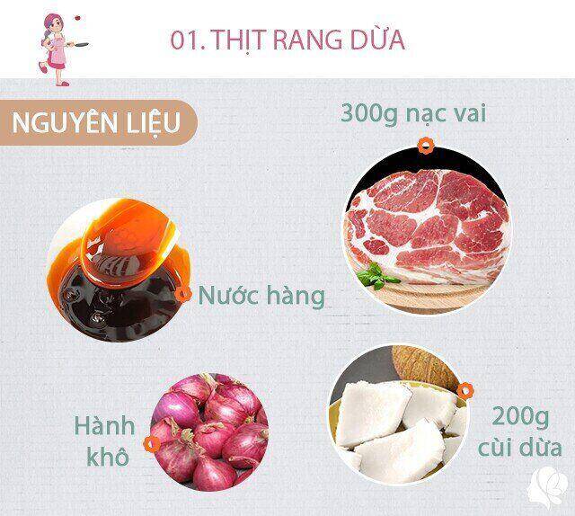 Chuẩn bị: 300g nạc vai, 200g cùi dừa bánh tẻ, nước hàng, hành khô, nước mắm.