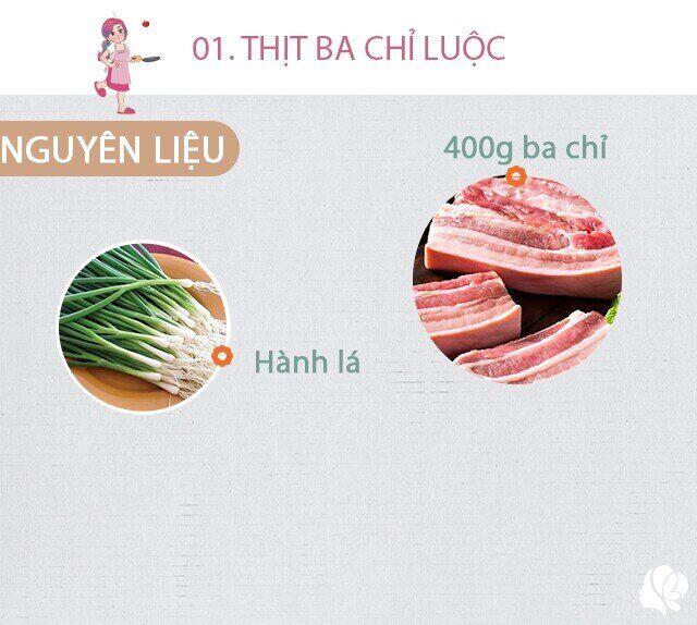 Chuẩn bị: 400g thịt ba chỉ rửa sạch, vài lát gừng, một ít hành lá.