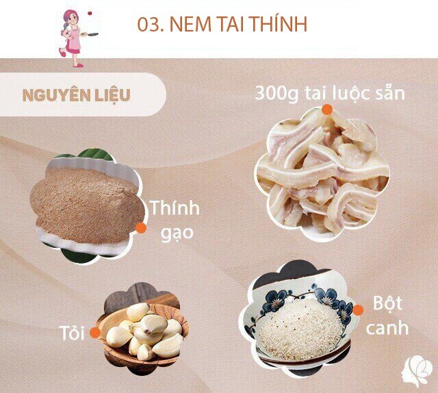 Nguyên liệu: 300g tai heo luộc chín, thái sẵn; 100g thính gạo; 1 muỗng cà phê nước mắm; 1 muỗng cà phê bột canh; 1 muỗng cà phê đường; 1 củ tỏi; 3 quả ớt; 5-7 lá chanh