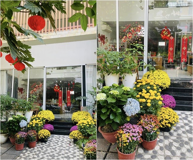 Lối vào nhà được bố trí gọn gàng, hai bên xếp hàng chậu hoa cúc, cẩm tú cầu đầy màu sắc, điểm nhấn là cửa kính lớn giúp lấy sáng tối đa và làm mờ ranh giới trong - ngoài.