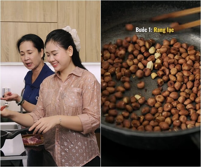 NSND Lan Hương hướng dẫn con dâu từng bước chế biến món muối vừng – từ việc chọn nguyên liệu đến cách rang, giã. Bước đầu tiên: Rang lạc. Lạc phải rang đều tay trên lửa nhỏ để chín giòn, không bị cháy, mới giữ được hương vị bùi thơm đặc trưng.