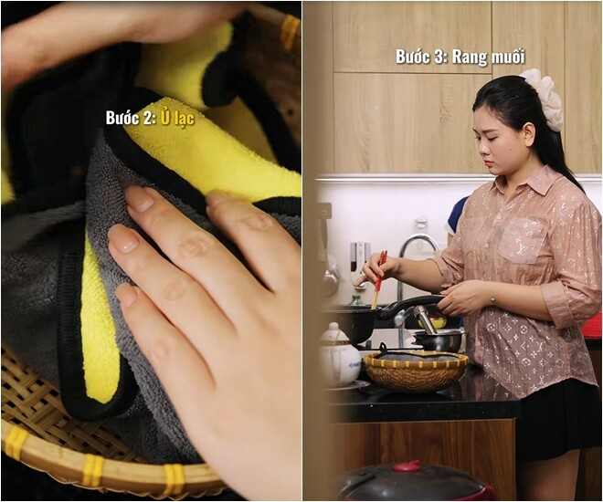 Sau khi rang, lạc được ủ trong khăn vài phút để nguội bớt và dễ tách vỏ. Đây là mẹo nhỏ nhưng rất hiệu quả được nghệ sĩ Lan Hương chia sẻ lại từ kinh nghiệm dân gian. Rang muối cho khô và thơm. Muối rang không chỉ giúp bảo quản tốt hơn mà còn làm dậy lên mùi vị khi kết hợp cùng vừng, lạc.