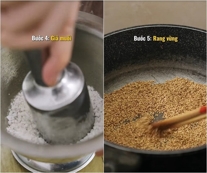 Bước quan trọng: Giã vừng. Vừng phải giã vừa tới, không nát quá, giữ được độ béo và mùi thơm tự nhiên. Thành phẩm là chén muối vừng vàng ươm, thơm lừng, trộn đều giữa vừng, lạc và muối rang. Món ăn nhìn đơn giản nhưng lại có thể làm ấm lòng cả một bữa cơm.
