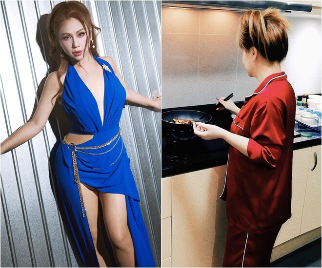 Không còn gợi cảm như trên sân khấu, ở nhà với đồ bộ, Minh Tuyết vào bếp nấu bữa ăn gia đình, toát lên nét duyên dáng và gần gũi của một người phụ nữ yêu căn bếp của mình.