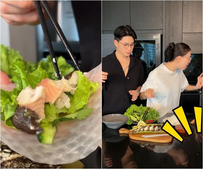 Dù chỉ có chút ít thời gian tranh thủ “ăn cấp tốc” khi con ngủ nhưng Ngô Thanh Vân đã rất thích thú với món ăn bổ dưỡng của chồng.