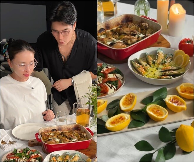 Còn đây là cả một bàn tiệc Ý sang chảnh tại gia. Ông xã Ngô Thanh Vân chia sẻ: “Bà xã rất khát khao được đi ăn nhà hàng nhưng hai vợ chồng đang vướng một ‘hạt Gạo’ 24/7 nên Huy mang cả nhà hàng Ý về nhà”.