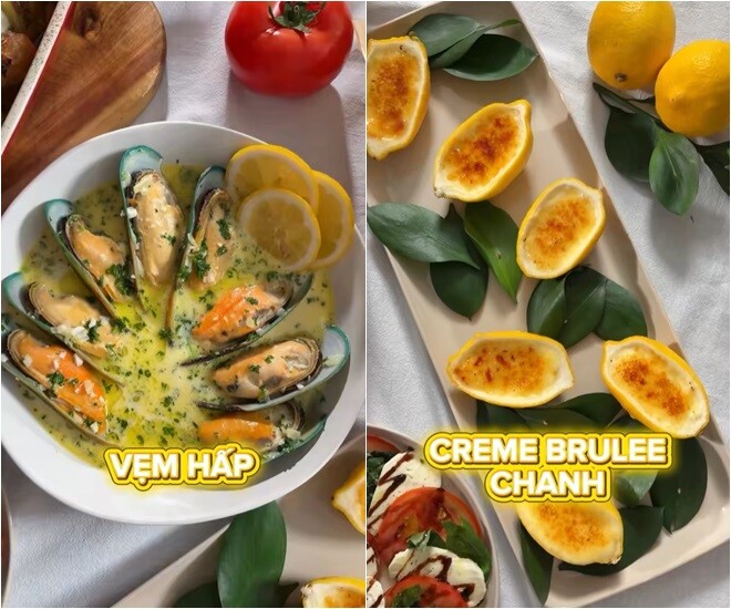 Bố bỉm cũng rất bận rộn chăm con nên các món của anh phải “siêu nhanh và siêu dễ”. Anh làm salad, gà chanh đút lò, vẹm hấp và tráng miệng creme brulee chanh.