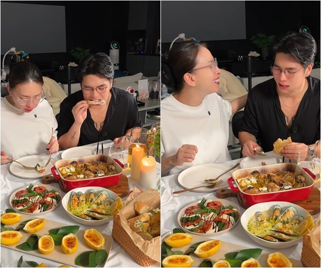 Sự chu đáo của chồng khiến Ngô Thanh Vân rất xúc động. Còn anh dí dỏm: “Có phải mỗi vợ khao khát đi nhà hàng đâu, chồng cũng khao khát”. Cả hai thưởng thức ngon lành bữa ăn như ở nhà hàng đẳng cấp.