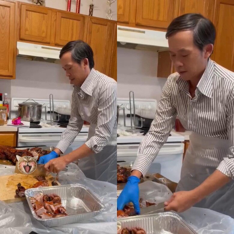 Em trai Hoài Linh cũng rất nhiều lần đăng tải cảnh anh mình nấu nướng. Nam nghệ sĩ chăm chút món ăn trong căn bếp, đeo tạp dề và găng tay cẩn thận, thái thịt đều tay.