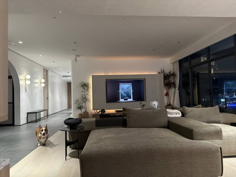 Phòng khách rộng thoáng, sàn gỗ sáng màu kết hợp cùng khu vực sofa lớn tạo cảm giác mở. Trên tường treo TV khổ lớn, xung quanh bày nhiều chậu cây xanh, giúp cân bằng sự sang trọng bằng nét tự nhiên, gần gũi.