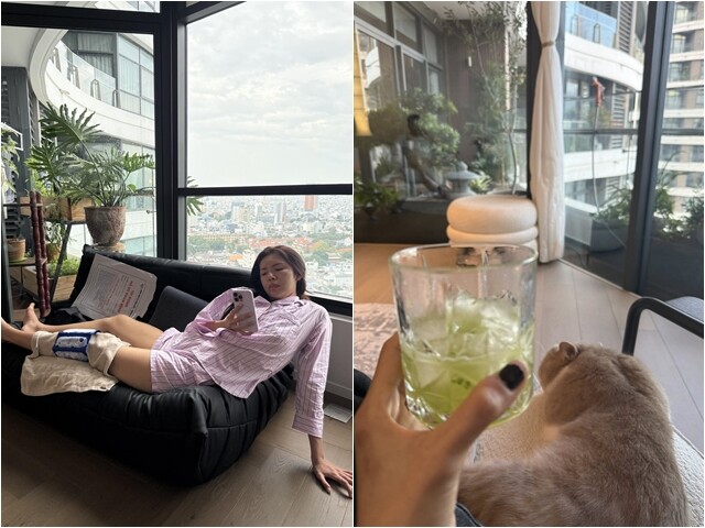 Minh Tú chia sẻ cảnh hài hước của bản thân trong thời gian chấn thương. Nhưng nhiều người cũng chú ý đến không gian căn nhà với khung cửa kính lớn, xung quanh là những chậu cây xanh mướt, ánh sáng tràn ngập, trông rất thoáng đãng, đầy hơi thở thiên nhiên.