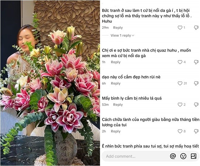Khoảnh khắc thư giãn của Đỗ Thị Hà nhắm mắt hít hà hương hoa và hài lòng với thành quả của mình. Hoa đẹp trong không gian sang trọng, nhưng bức tranh phía sau cô lại gây tranh cãi do họa tiết đặc thù gây ám ảnh với những người mắc hội chứng sợ lỗ.