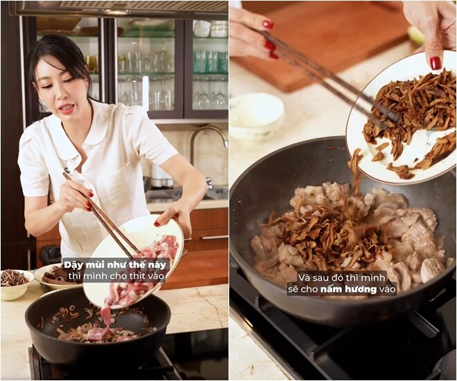 Cô đem xào thịt với hành phi cho thơm, rồi cho tiếp nấm và mộc nhĩ vào. 