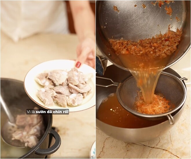 Luộc sơ sườn để nước dùng trong. “Và sau đó mình lại cho vào một cái nước mới”, Hà Kiều Anh hướng dẫn. Tôm giã nhuyễn, cho vào nước ninh. 