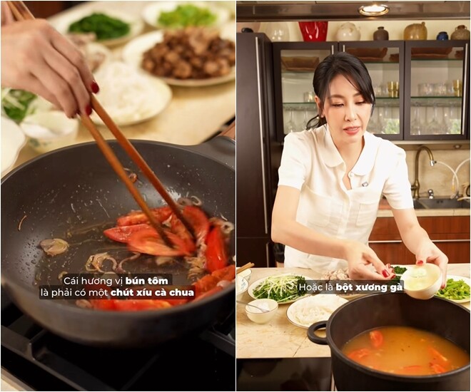 Cà chua xào chín mềm – bí quyết tạo vị thanh cho bún tôm. “Cái hương vị bún tôm là phải có một chút xíu cà chua”, cô cho biết. Hà Kiều Anh thường nêm nếm nước dùng với bột xương gà hoặc heo.