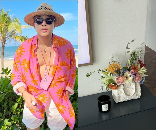 Hoàng Ku - stylist thân thiết của Chi Pu và nhiều nghệ sĩ Việt cũng có thú vui cắm hoa. Anh nhận mình là người yêu hoa. Một bình hoa phối nhiều loại hoa tươi màu sắc pastel được anh cắm trong chiếc túi giả Louis Vuitton trắng trông vui mắt, kết hợp thời trang và nghệ thuật cắm hoa.