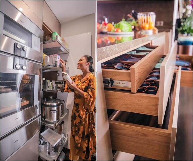 Gian bếp triệu đô là không gian Đoan Trang cực kỳ tâm đắc. Chồng cô tự tay thiết kế, với đầy đủ phụ kiện châu Âu, hệ tủ âm tường và đảo đôi, phục vụ tối đa nhu cầu nấu nướng, trình bày và giao lưu bạn bè. Cô từng ra hẳn video review về bếp, miêu tả tất cả các chi tiết nhỏ đều rất gọn gàng, đồ dùng, chén dĩa và thiết bị đều được chọn lọc chỉn chu.