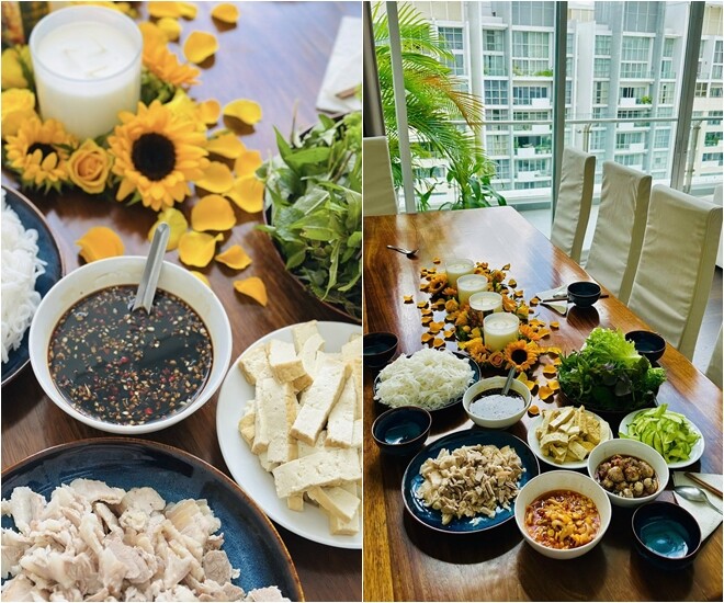 “Mấy chị em chốt kèo trong tích tắc thử thách mình ‘biến hóa’ ngay chiếc bàn tiệc trong 1 nốt nhạc. Kèm theo tâm huyết ‘nâng tầm’ ốc iếc, bún nước tương lên Fine Dining”, cô khoái chí với thành quả của mình.