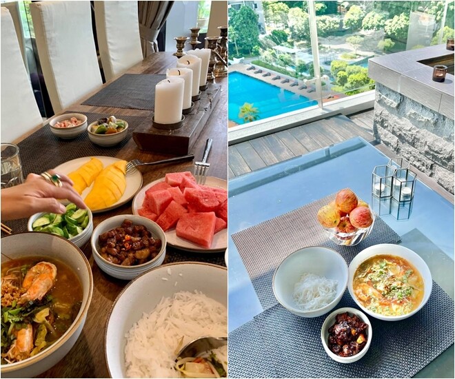 Bàn ăn trong nhà và ngoài hiên đều rất lý tưởng, ngập tràn ánh sáng. Ban công xanh mát là nơi cô và chồng con thường ngồi trò chuyện hay tiếp đãi bạn bè.