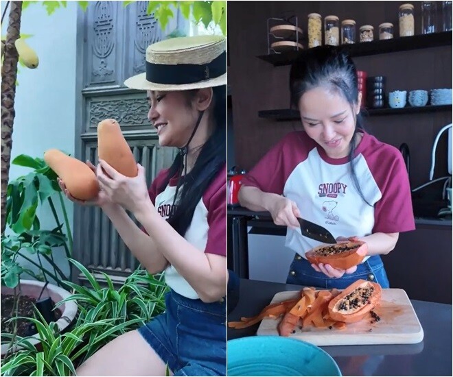 Hồng Nhung kết hợp trồng hoa hồng và cây ăn quả để “trồng mỗi loại một cây”, tạo sân thượng đa dạng sắc màu và dinh dưỡng.
