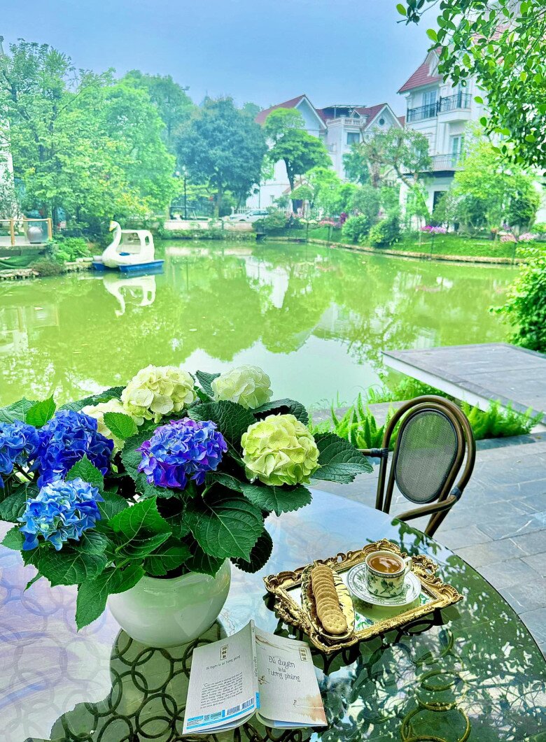 Cô còn hái cẩm tú cầu vào để cắm. Bàn trà bên hồ thêm xinh với lọ cẩm tú cầu xanh - tím - vàng nhạt nổi bật trên nền cây lá. Tách trà nóng và đĩa bánh quy như lời mời gọi tận hưởng buổi sáng chậm rãi. 