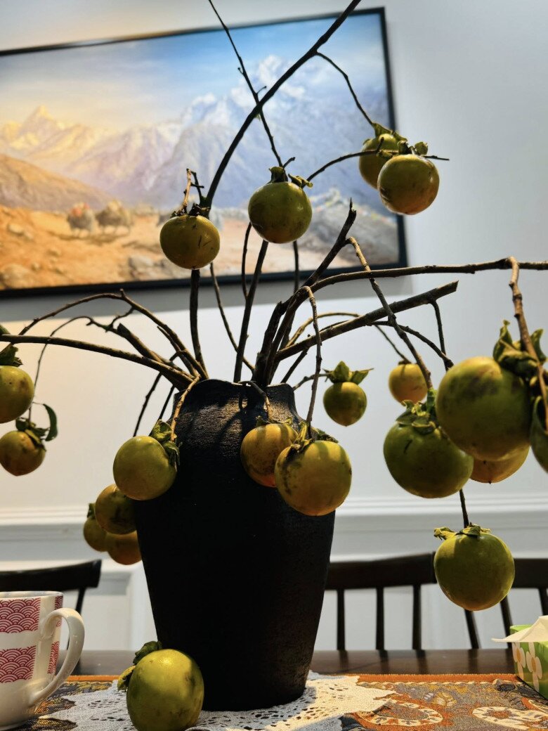 Những quả hồng nổi bật trên nền tranh núi rừng. Đèn vàng làm nổi rõ từng nhánh quả, giống như một bức tranh tĩnh vật sống động giữa đời thực.