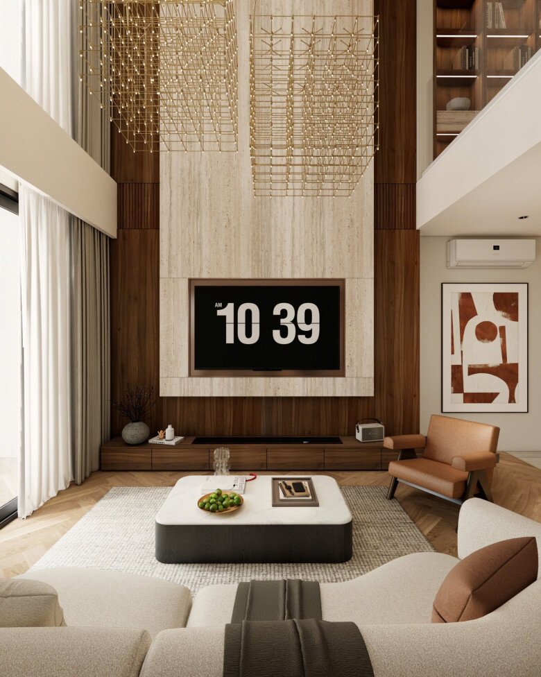 Nữ diễn viên cũng chia sẻ loạt ảnh thiết kế 3D của căn hộ. Không gian phòng khách mô phỏng gần như chuẩn xác hiện trạng thực tế, với tone màu trung tính và đèn thả nghệ thuật hình khối. Chiếc TV gắn âm tường tạo cảm giác gọn gàng, hiện đại, trong khi các chi tiết vân đá và gỗ mang lại cảm giác ấm áp, gần gũi.