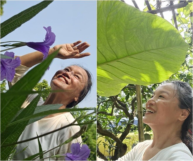 Đôi khi, chỉ một bụi hoa chiều tím đủ khiến Tú Oanh thấy như cả một thu tím. Hay chiếc lá ráy xòe rộng cũng khiến cô hào hứng chụp hình dưới nắng.