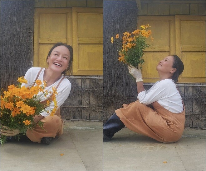 Nữ nghệ sĩ rất thích ghi lại những khoảnh khắc mộc mạc bên hoa cỏ tại ngôi nhà vườn này. Cô bảo: Lao động xong, có được bó hoa trái mùa... Đâu cũng là studio của nhà cháu.