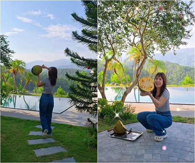 Sau khi hái mít, Phương Phạm vui vẻ thưởng thức “chiến lợi phẩm” ngay bên bể bơi, dưới tán cây rợp bóng và view núi rừng Hòa Bình tuyệt đẹp.