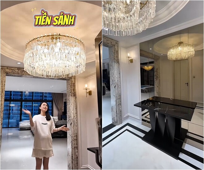 Tiền sảnh nhà Ngô Mai Phương và chồng Tiến sĩ vô cùng lung linh, có một đèn chùm rất to, một bên tường có gương, bàn console, hệ đèn tường cũng đã được trang hoàng.