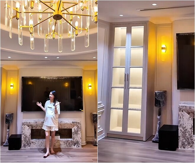 Vẫn theo tông màu đen trắng, phòng ngủ cũng có tivi và sẽ có lò sưởi. 2 bên đều có tủ, nơi Ngô Mai Phương sẽ bày những chiếc túi của mình.