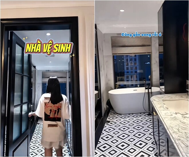Nhà vệ sinh đã hoàn thành gần xong, chỉ còn 2 chiếc đèn ở 2 bên giương. Trong đó có bồn tắm nằm, bồn tắm đứng... sang trọng như khách sạn.