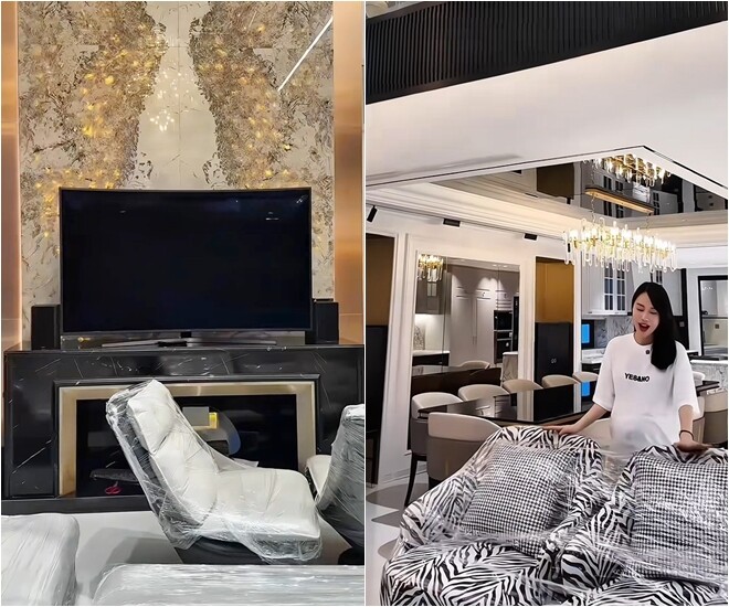 Có 2 ghế thư giãn. Tivi đã được lắp đặt. Nữ BTV cho biết tivi cũ nhưng rất vừa vặn. Có lò sưởi nhưng cô đang đặt chưa về. Cô bố trí thêm 2 ghế armchair.