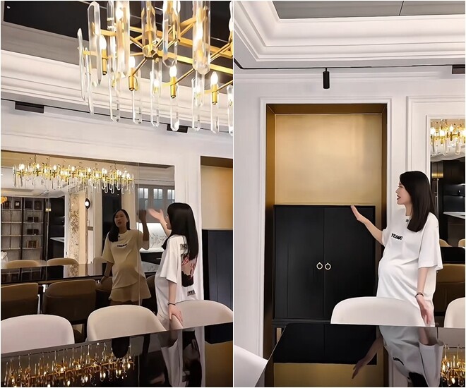Một bức tường được gắn gương, giúp căn phòng thêm rộng rãi và có chiều sâu. 2 bên có 2 chiếc tủ decor, vừa tiện lời, vừa giúp phòng bếp gọn gàng.