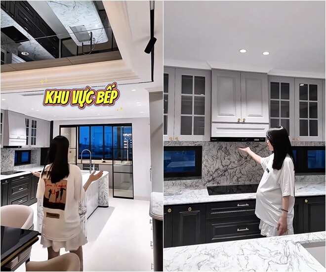 Khu vực bếp, Mai Phương rất ưng về màu. Toàn bộ nội thất mang gam màu đen trắng, kết hợp họa tiết lạ mắt. Cô cũng đã cho lắp đặt đủ các thiết bị bếp.