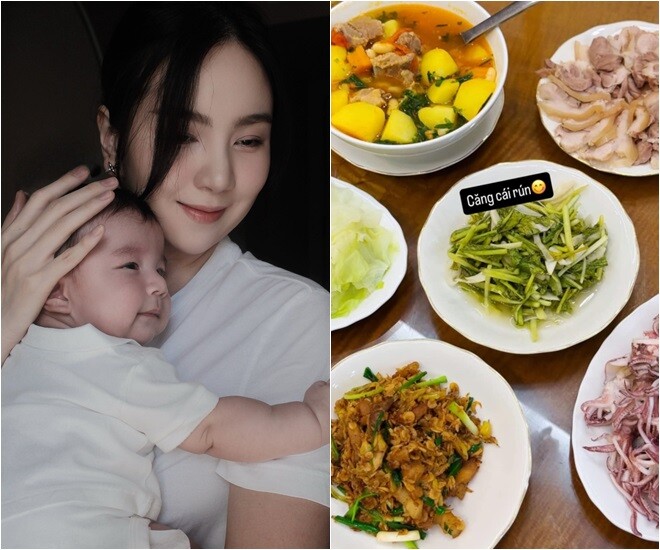Mai Ngọc no căng cái rốn với mâm cơm gồm canh xương hầm khoai tây, bắp cải, thịt luộc, dưa cải chua, tép rang và mực hấp. Mỗi món một vẻ, tạo nên bữa cơm dân dã, đậm vị miền Bắc.