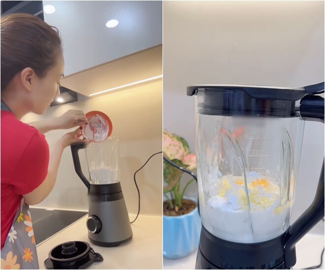 Người đẹp cho tất cả nguyên liệu vào máy xay sinh tố để trộn đều. “Xay đều lên, các bác lưu ý là nhớ cho sữa tươi không đường nha, và cho thêm một chút muối nữa ạ”, cô dặn dò.