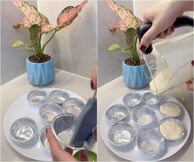 Bà xã nam NSND chuẩn bị khuôn bánh bằng cách quét một lớp dầu ăn và bột năng để chống dính, sau đó đổ hỗn hợp bột đã xay vào từng khuôn.